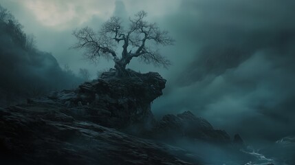 Wall Mural - a tree is on a rock in a dark, cloudy sky. scene is mysterious and eerie