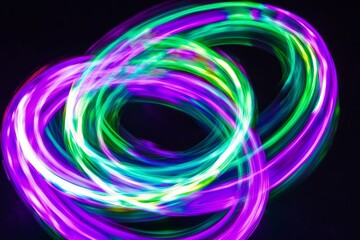 Leinwandbilder - A glowing purple and green neon color circle shape with wavy dynamic lines isolated on black