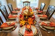 © ChaoticMind - Close-up of a table with a turkey and autumn leaves.