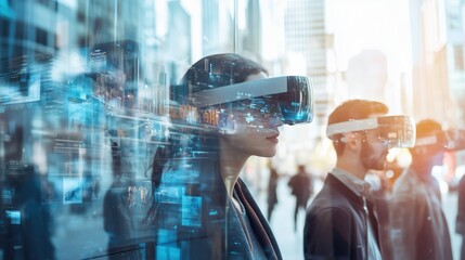 A woman wearing a virtual reality headset is looking at a cityscape. Two men are standing behind her, also wearing VR headsets. Concept of excitement and wonder as the people explore the virtual world