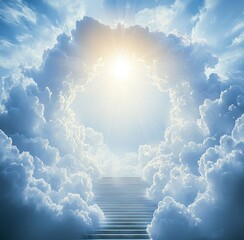 Wall Mural - This is the stairway to heaven. This is a concept of the sun and white clouds in the sky. This is a concept of religion.