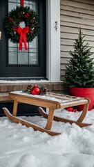 Wall Mural - Wooden sled with festive decorations on a snowy porch.