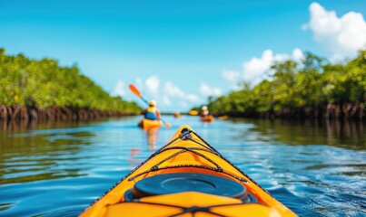 Wall Mural - a vibrant kayaking adventure through serene waters surrounded by lush nature, perfect for outdoor en