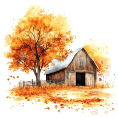 Sticker - Watercolor Autumn Barn with Tree and Falling Leaves