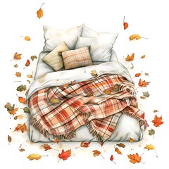 Sticker - Cozy Autumn Bed with Plaid Blanket and Falling Leaves