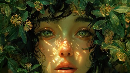 Sticker - Woman in Nature: A Dreamy Portrait with Green Eyes