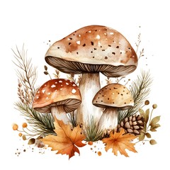 Sticker - Watercolor Autumn Mushrooms  Pine  Maple Leaves and Berries Illustration