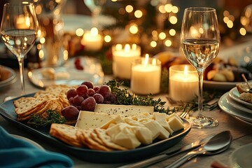 A beautiful table setting with cheese, crackers, grapes, and wine. This image is