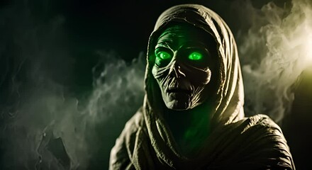 Wall Mural - scary spooky mummy with glowing green eyes on a dark smoky background