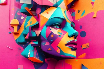 Poster - Abstract Colorful Geometric Graffiti Wall Art Woman Face Portrait