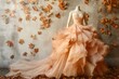 © donchanu - Peach Wedding Dress on Autumn Leaves Background