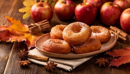 Poster - warmly lit freshly baked cinnamon sugar coated apple cider doughnuts surrounded by fall leaves and seasonal spices evoking cozy autumn morning vibes on a rustic wooden table