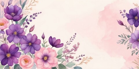 pretty purple theme flowers on pastel pink background, concept for banner, watercolor style