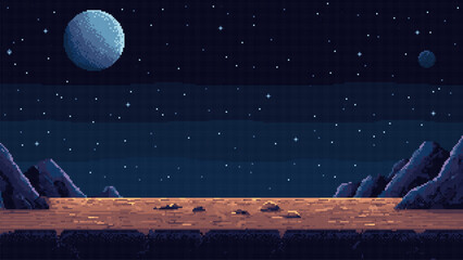 Wall Mural - pixel art space game level background, 8 bit retro style video game. planet surface with rocks. star