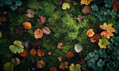 Wall Mural - a close up of a leafy green area with a variety of leaves, including some that are yellow and brown