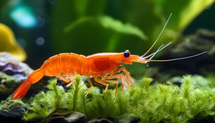 electric orange shrimp in lush aquascape