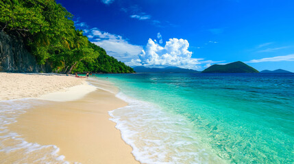 Pristine tropical beach with clear turquoise waters, white sandy shores, and lush green vegetation under a bright blue sky.