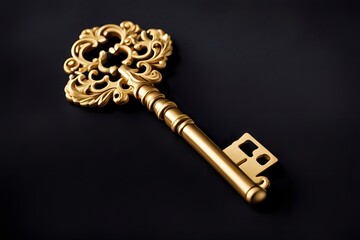 A metallic gold key with ornate detailing placed on a velvet black surface, AI Generated