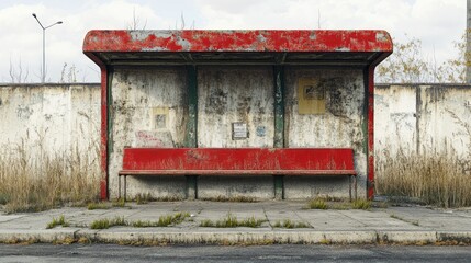 An old, abandoned bus stop in an industrial area, with weeds growing through the cracks and no signs of life.