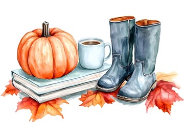 Sticker - Watercolor Autumn Cozy Still Life with Pumpkin  Boots  Coffee and Book