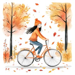 Canvas Print - Watercolor Illustration of a Woman Biking in Autumn