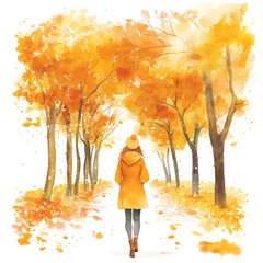 Sticker - Woman Walking Through Autumn Forest Watercolor Painting