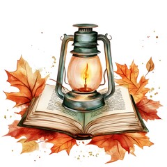 Sticker - Watercolor Lantern and Book with Autumn Leaves