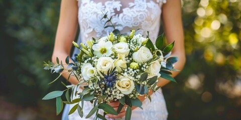 A bride holding a bouquet of white roses and green foliage, dressed in a lace wedding gown.