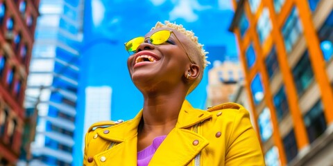 A joyful African woman in a vibrant yellow jacket and sunglasses, laughing in a cityscape with colorful buildings.