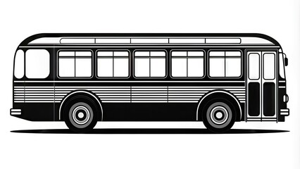 Simple iconic illustration of a vintage city bus with clean lines and geometric shapes in black and white, isolated on a white background.