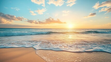 Wall Mural - Close up view of Golden Hour Beach, Sun kissed sand, Blue sky and sparkling waves on the beach, sunset background. Ai generated image