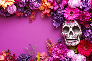 Wall Mural - Dia de los muertos festival celebration. Vibrant image of a calavera with colorful flowers. Traditional sugar skull with purple background. Mexico tradition and culture.	
