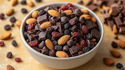 A bowl filled with dark chocolate pieces, almonds, and dried fruits for a healthy snack.