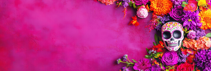 Wall Mural - Dia de los muertos festival celebration. Vibrant image of a calavera with colorful flowers. Traditional sugar skull with purple background. Mexico tradition and culture.	
