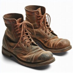 Pair of old worn-out boots on white background. Generated by AI.