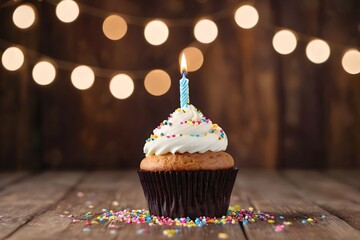 Cupcake with whipped cream, sprinkles, and birthday candle on a wooden surface with glowing lights