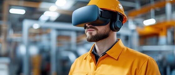 A worker in a neon orange uniform uses virtual reality technology in an industrial setting, highlighting modern innovation in the workplace.