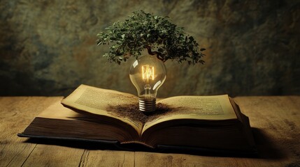 Illustration A light bulb on top of an open book, with a tree growing. Ai generated image