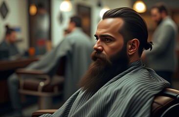 Wall Mural - A brutal man with a beard is sitting in a barber's chair in a barbershop