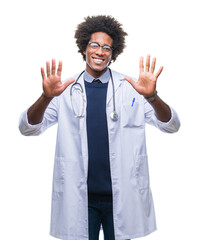 Wall Mural - Afro american doctor man over isolated background showing and pointing up with fingers number ten while smiling confident and happy.