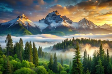 Snow-capped mountain peaks shrouded in misty veil, surrounded by lush green forest, radiating an aura of serenity, mystery, and ancient wisdom at dawn's break.