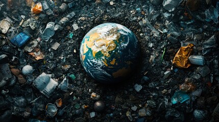 The image shows Earth surrounded by a sea of garbage, highlighting the environmental crisis and pollution, It can be used for campaigns on environmental awareness, Earth Day