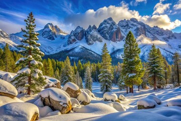 Snow-capped Sierra mountain peaks rise above a serene winter wonderland landscape, with evergreen trees and rugged granite formations blanketed in fresh powder snow.