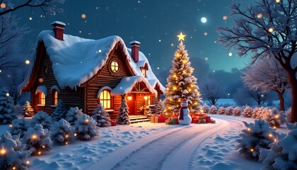 A cozy winter cabin adorned with holiday decorations and a snowman in a snowy landscape at night under twinkling stars.