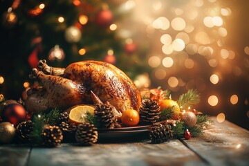 Roasted Turkey with Festive Christmas Decorations on a Wooden Table