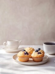 Wall Mural - A serene setting featuring blueberry muffins and cups of tea, inviting relaxation and enjoyment.