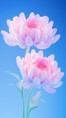 Two beautifully detailed pink flowers on a light green stem stand out against a clear blue sky background, great for use in floral art, nature-themed projects, greeting cards, or promoting relaxation