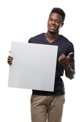 Wall Mural - Young african american man holding a banner pointing with hand and finger up with happy face smiling