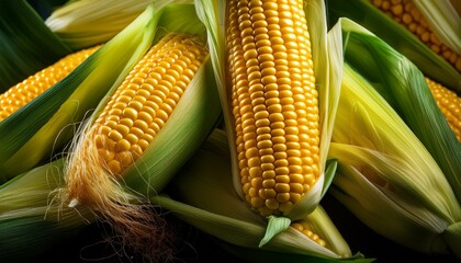 Wall Mural - Close-up shot of ripe corn heads with corn whiskers and leaves