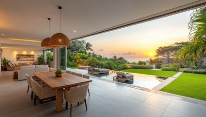 Interior of a living room with wooden floor, table, chairs inside and furniture outside the house. Created with Ai